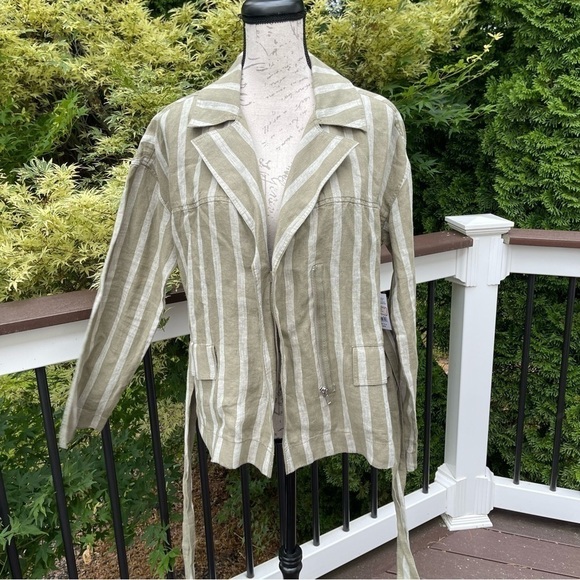 LORD & Taulor striped natural green and beige linen blazer zipped w belt Sz M - Picture 7 of 15